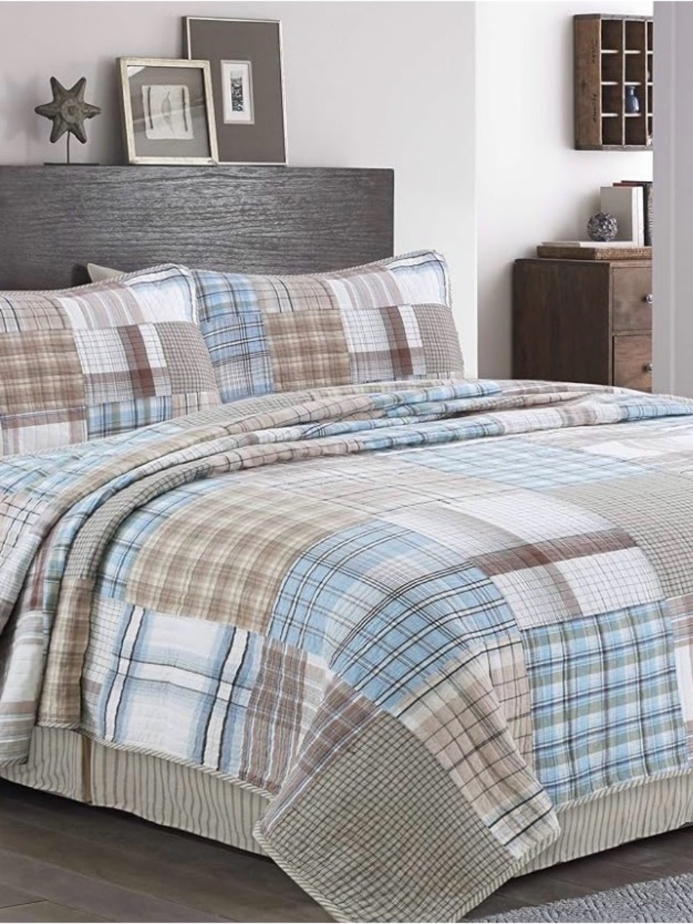 Cozy Line Home Fashions Hank plaid patchwork quilt Tan and Light Blue King Size